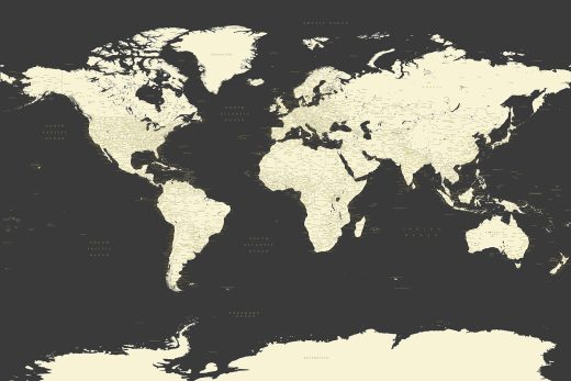 Kelionių žemėlapis su smeigtukais Tamsiai pilkas detalus pasaulio žemėlapis su smeigtukais