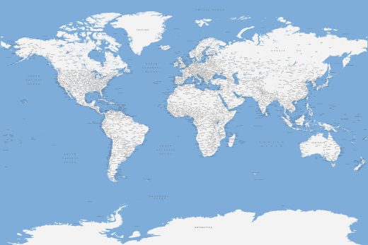 Kelionių žemėlapis su smeigtukais Šviesiai mėlynas detalus pasaulio žemėlapis su smeigtukais