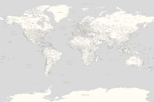 Kelionių žemėlapis su smeigtukais Šviesiai pilkas detalus pasaulio žemėlapis su smeigtukais