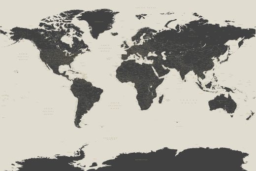 Kelionių žemėlapis su smeigtukais Smėlinis - tamsūs žemynai detalus pasaulio žemėlapis su smeigtukais