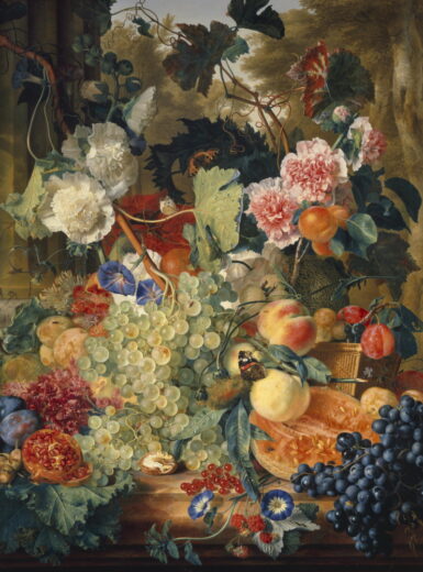 Jan van Huysum [P] Gelių ir vaisių natiurmortas ant marmuro lakšto