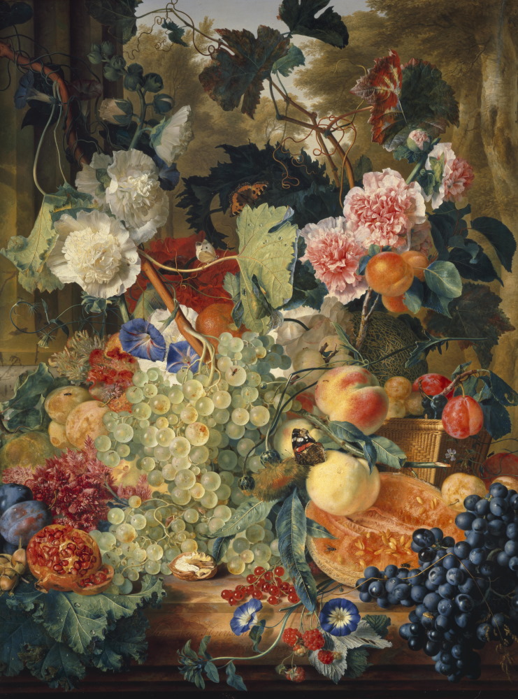 [K] Still life of flowers and fruit on a marble strip