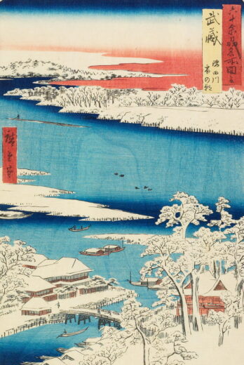 Utagawa Hiroshige [K] Snieguotas rytas prie Sumida upės