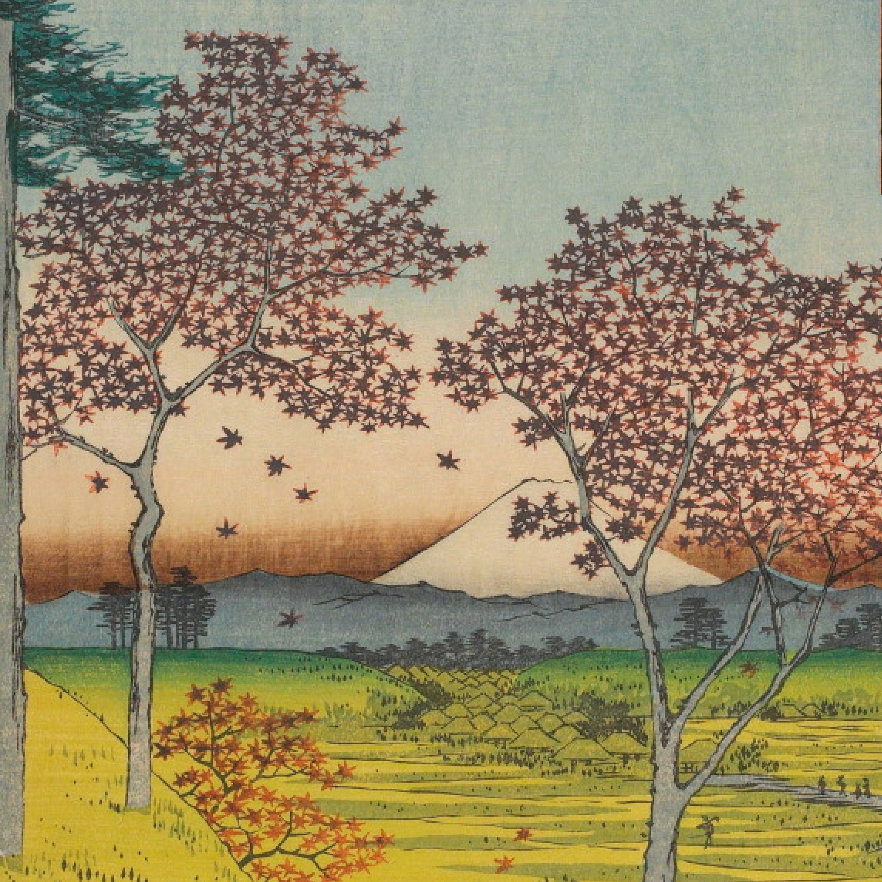 interjero detale pagalvele Yūhigaoka at Meguro - Utagawa Hiroshige
